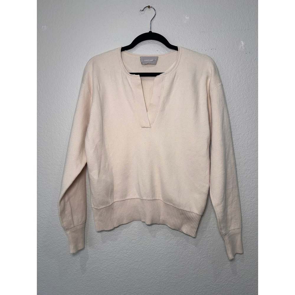 Everlane Women XS Cream Wool Cotton Blend Notch V-Neck Pullover Sweater Sleeve